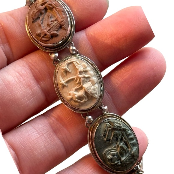 Antique Bracelet Stone Cameo 800 Silver Victorian Lava RARE Seven Days Chariots - Picture 9 of 14